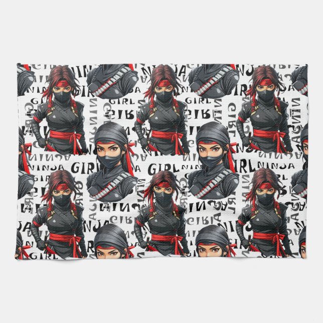 Ninja-Mädchen Anime mit Textmuster-Design Geschirrtuch (Horizontal)