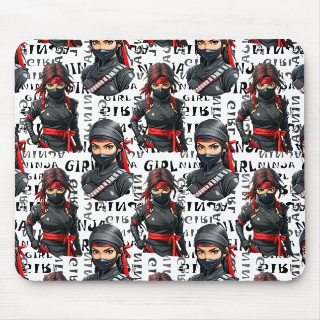 Ninja-Mädchen Anime mit Textmuster-Design Mousepad (Vorne)