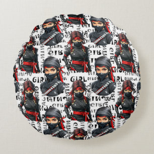 Ninja-Mädchen Anime mit Textmuster-Design Rundes Kissen