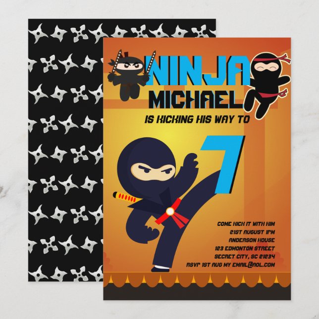 NINJA MOVIE STAR WARRIOR Boys Girls Cartoon Party Einladung (Vorne/Hinten)