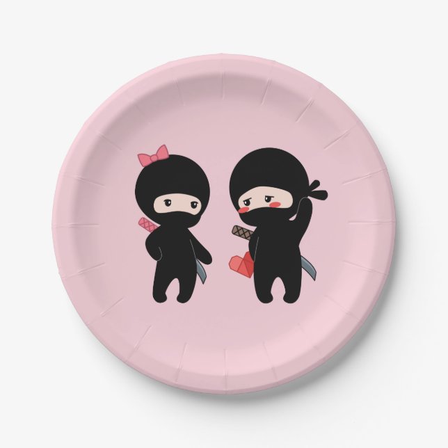 Ninja Pair, ein Junge und ein Mädchen auf Pink Pappteller (Vorderseite)