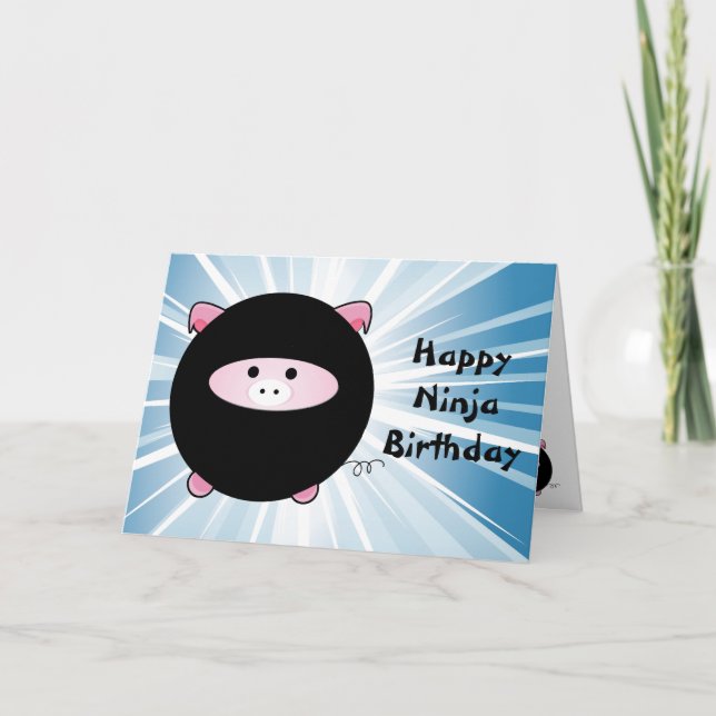 Ninja Pig auf Blue Happy Birthday Karte (Vorderseite)