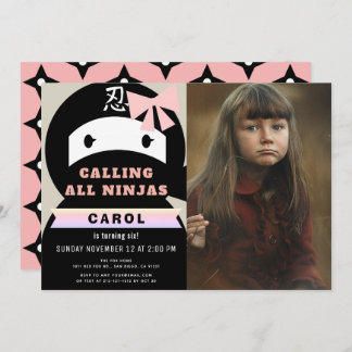 Ninja Pink & Black Girl Foto Geburtstag Einladung
