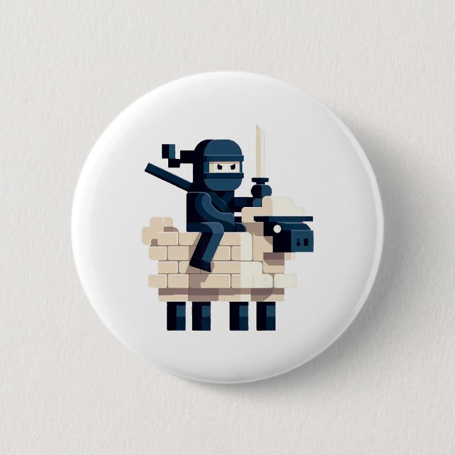 Ninja-Reitet-Schaf-Blockstil-Charakter-Pixelkunst Button (Vorderseite)