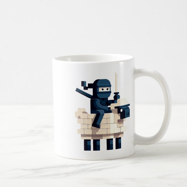 Ninja-Reitet-Schaf-Blockstil-Charakter-Pixelkunst Kaffeetasse (Rechts)