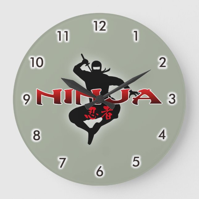 Ninja Silhouette Große Wanduhr (Vorderseite)