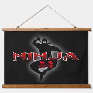 Ninja Silhouette Wandteppich Mit Holzrahmen