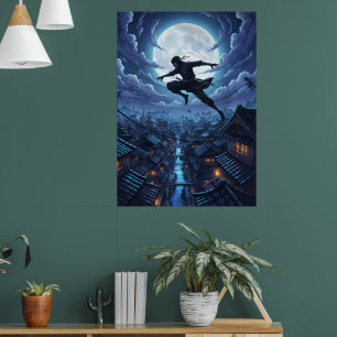 Ninja springt unter Mondlicht über Dächer Poster