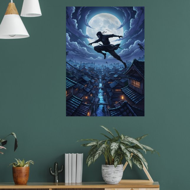 Ninja springt unter Mondlicht über Dächer Poster (Wohnzimmer 1)