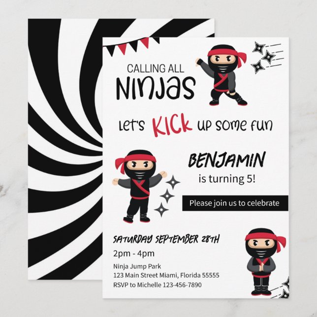 Ninja Theme Birthday Martial Arts Warrior Einladung (Vorne/Hinten)
