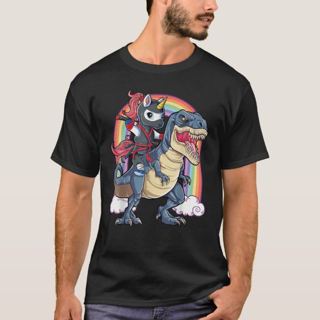 Ninja Unicorn Riding Dinosaur T rex T-Shirt (Vorderseite)