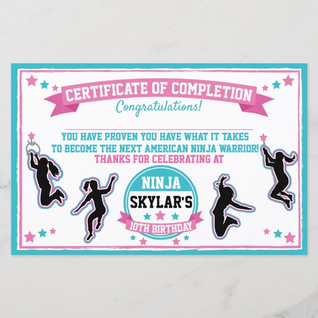 Ninja Warrior Girl Party Certificate of Completion (Vorderseite)
