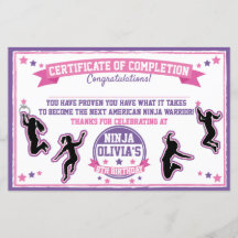 Ninja Warrior Girl Party Certificate of Completion