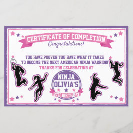 Ninja Warrior Girl Party Certificate of Completion