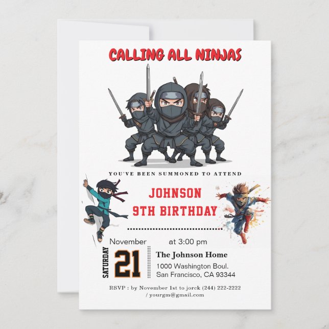 Ninja Warrior Kindergeburtstag Party Einladung (Vorderseite)