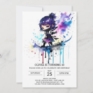 Ninja Watercolor Girly Birthday Einladung