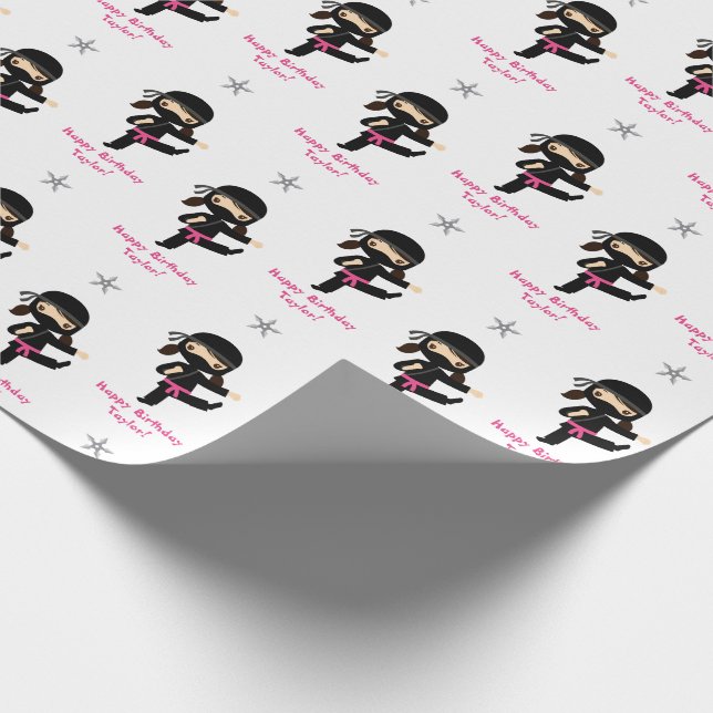 Ninja Wrapping Paper Girl Pink Black Personalisier Geschenkpapier (Ecke)