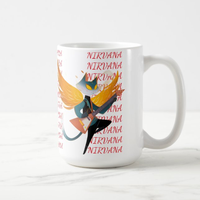 Nirvana-Katze mit Gitarre & Flügeln – Keramik-Tass Kaffeetasse (Rechts)
