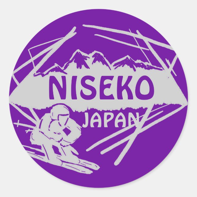 Niseko Japan lila graue Skigobilder-Kunstkleber Runder Aufkleber (Vorderseite)