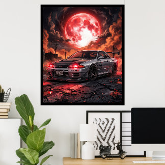 Nissan Skyline R32 unter dem karmesinroten Mond Poster