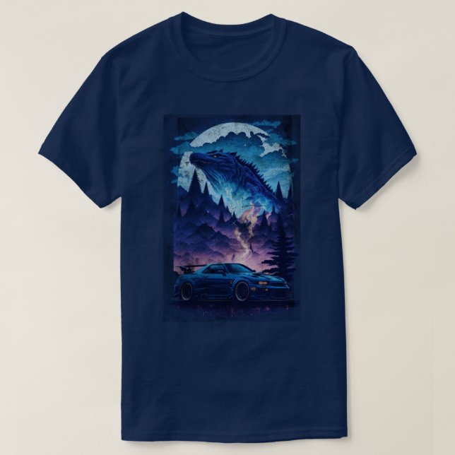 Nissan Skyline R34 Blue Godzilla Sports Car T-Shirt (Design vorne)