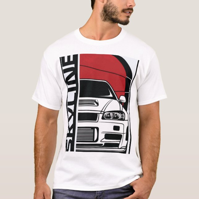 Nissan Skyline R34 GTR Frontsilhouette & Japanisch T-Shirt (Vorderseite)