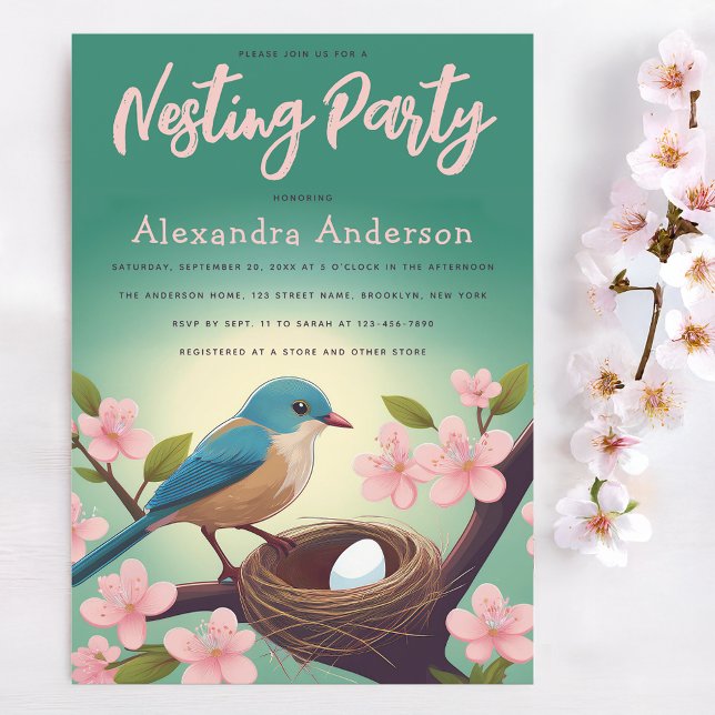 Nistest Party Bird Nest Eier Grün Rosa Blossom Einladung (Von Creator hochgeladen)
