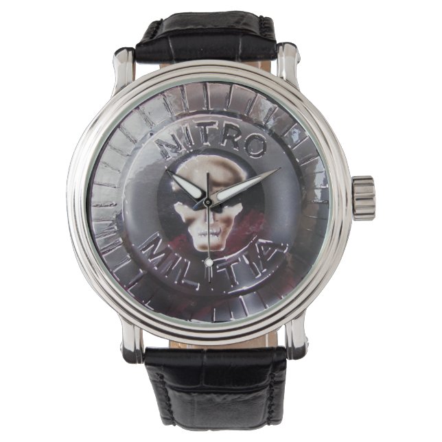 NITRO MILITIA Schwarze Lederuhr Armbanduhr (Vorderseite)