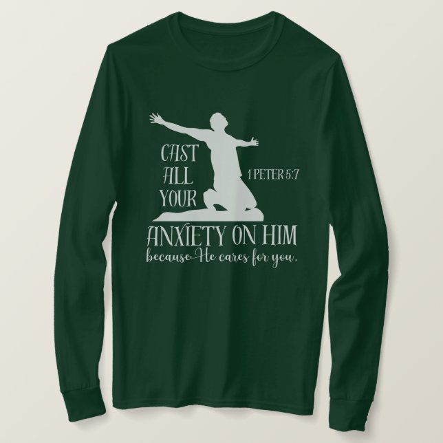 NIV 1 Peter 5:7 Die ganze Angst um Ihn Bibel T-Shirt (Design vorne)