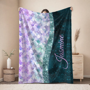 Nixen-Haut Teal Silber Faux Glitter Monogramm Fleecedecke