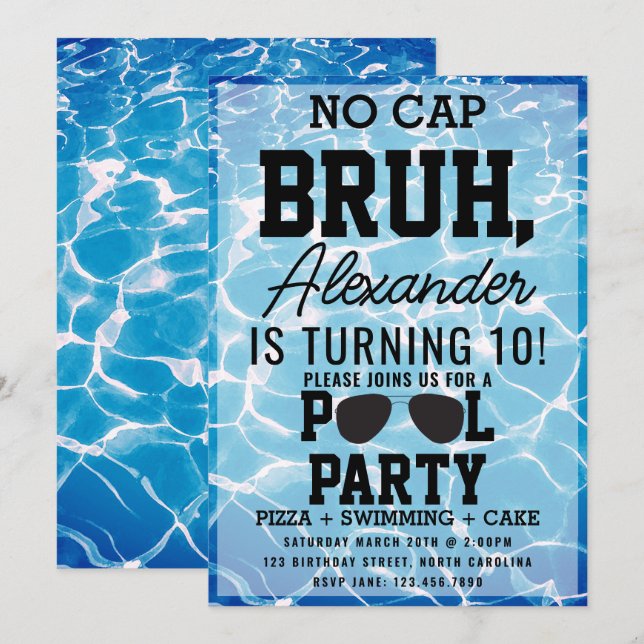 No Cap Bruh Boy Teenager Birthday Pizza Pool Party Einladung (Vorne/Hinten)