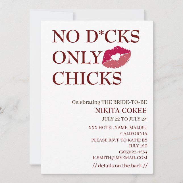 No D*cks Only Chicks Bachelorette Wochenende Rusti Einladung (Vorderseite)
