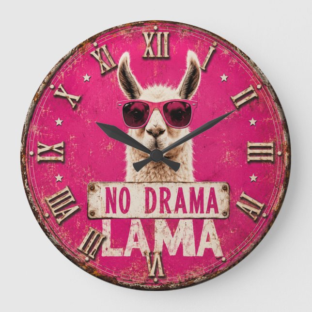 No Drama Llama Funny Pink Große Wanduhr (Vorderseite)