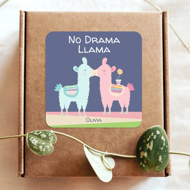 No Drama Llama niedlich rosa blauer Name der coole Quadratischer Aufkleber (Von Creator hochgeladen)