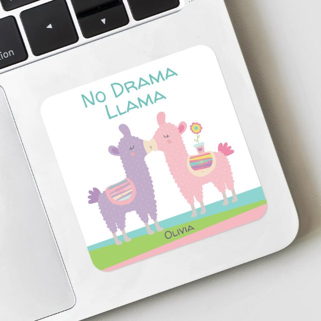 No Drama Llama Pink Lila Türkis Namensschule Quadratischer Aufkleber (Von Creator hochgeladen)