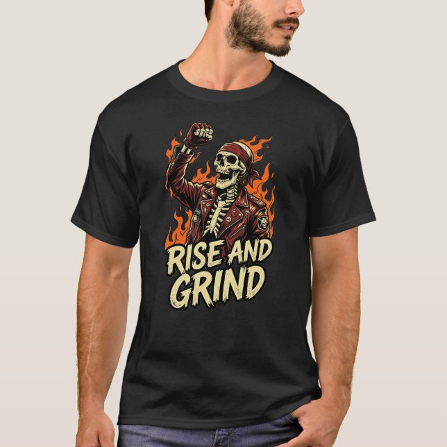 No Guts No Glory Skull Biker Rise And Grind Fire T-Shirt (Vorderseite)