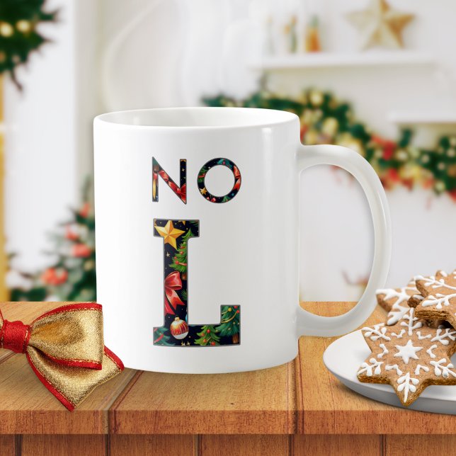 "No L" Pun Humor Personalized Christmas Funny Kaffeetasse (A funny Christmas mug with 'No L' caption in colorful letters, with custom name on the back)