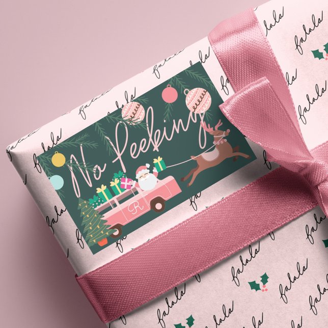No Peeking Pink Christmas Van Santa & Reindeer Rechteckiger Aufkleber (No Peeking Pink Christmas Van Santa & Reindeer Rectangular Sticker)