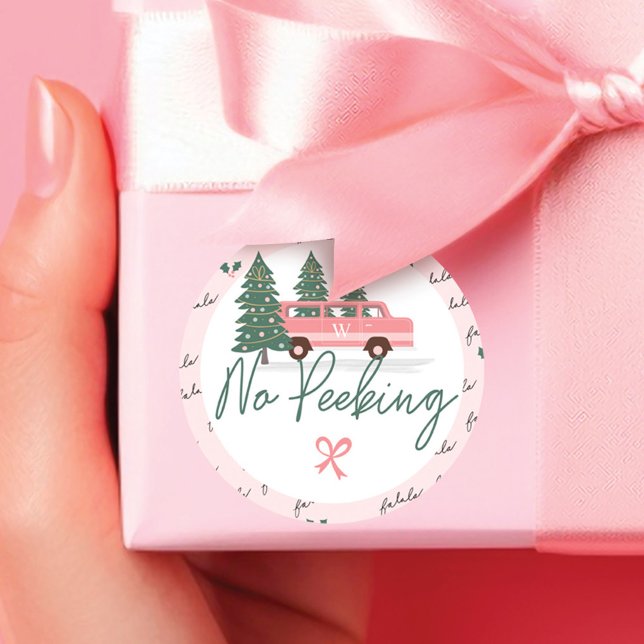 No Peeking Vintag Pink Christmas Van Runder Aufkleber (Fa La Home For The Holiday Town & Pink Retro Van Wrapping Paper Sheets)