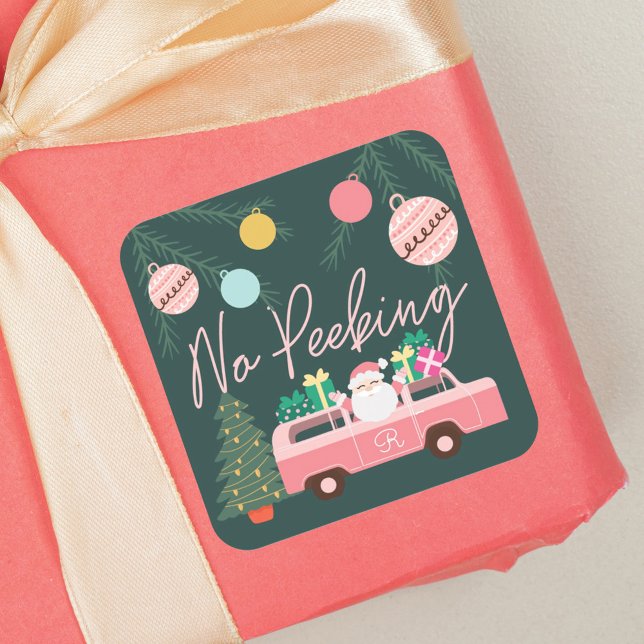 No Peeking Vintag Pink Christmas Van Santa Quadratischer Aufkleber (No Peeking Vintage Pink Christmas Van Santa Square Sticker)