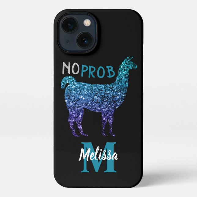 No Prob Llama Aqua blue ombre Glitzern Monogram iPhone Hülle (Rückseite)