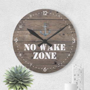 No Wake Zone Rustic Dark Wood + Anchor Nautical Große Wanduhr