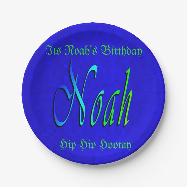 Noah, Name, Logo, Blue Birthday Paper Plate. Pappteller (Vorderseite)