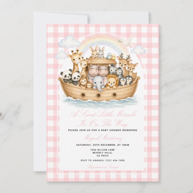 Noah’s-Arch-Baby-Shower Mädchen Gingham Einladung (Vorderseite)