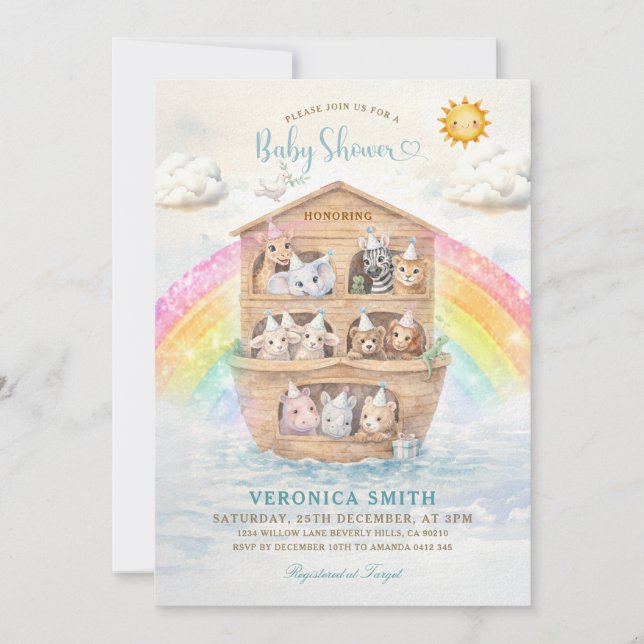 Noah’s Ark Baby Shower Invitation | Rainbow Baby  Einladung (Vorderseite)