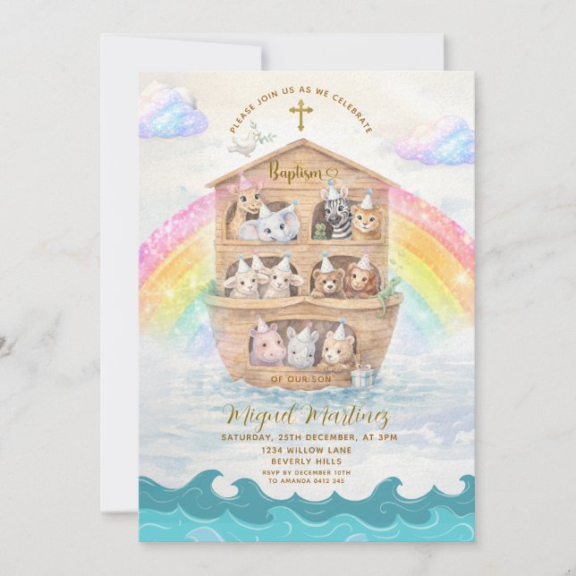 Noah’s Ark Baptism Invitation | Baby Animals Einladung (Vorderseite)