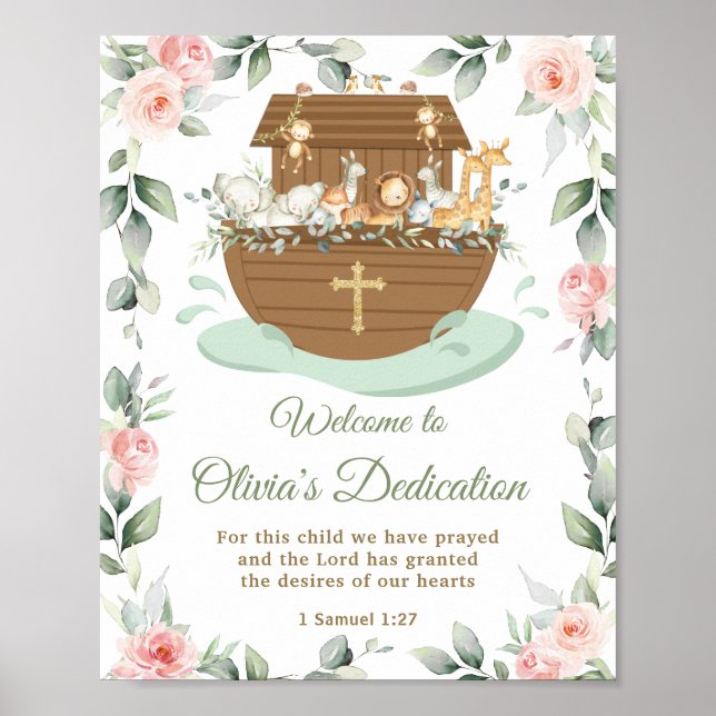 Noahs Arche Rosa Blumen Dedicationen Taufe Poster (Vorne)