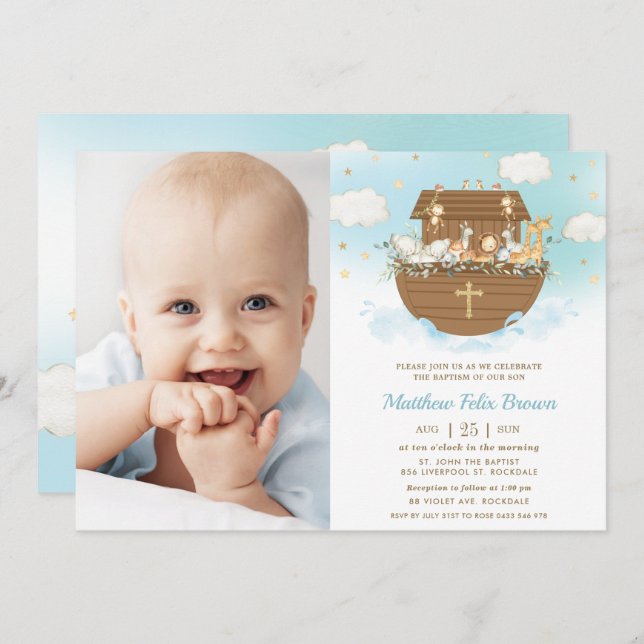 Noah's Ark Animals Boy Taufe Christening Foto Einladung (Vorne/Hinten)