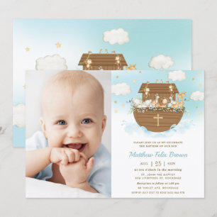 Noah's Ark Animals Boy Taufe Christening Foto Einladung
