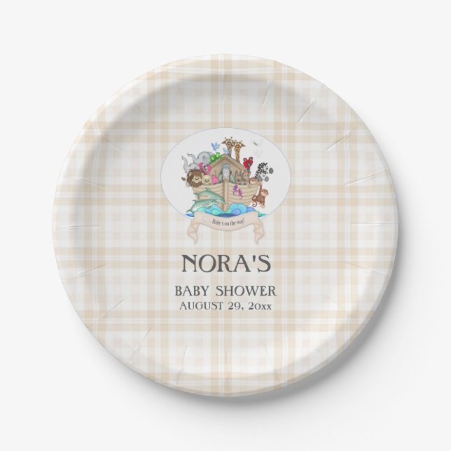 Noah's Ark Animals Ivory Beige Gingham Pappteller (Vorderseite)